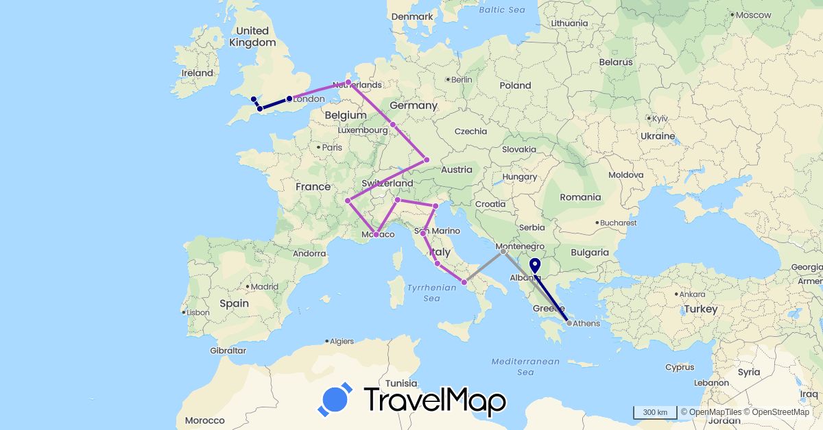 TravelMap itinerary: driving, plane, train in Germany, France, United Kingdom, Greece, Croatia, Italy, Macedonia, Netherlands (Europe)